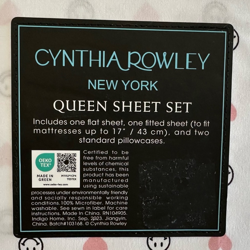Cynthia Rowley Queen Sheets Set Pink Hearts & Smiley Faces NEW Sustainably Made - Picture 5 of 5
